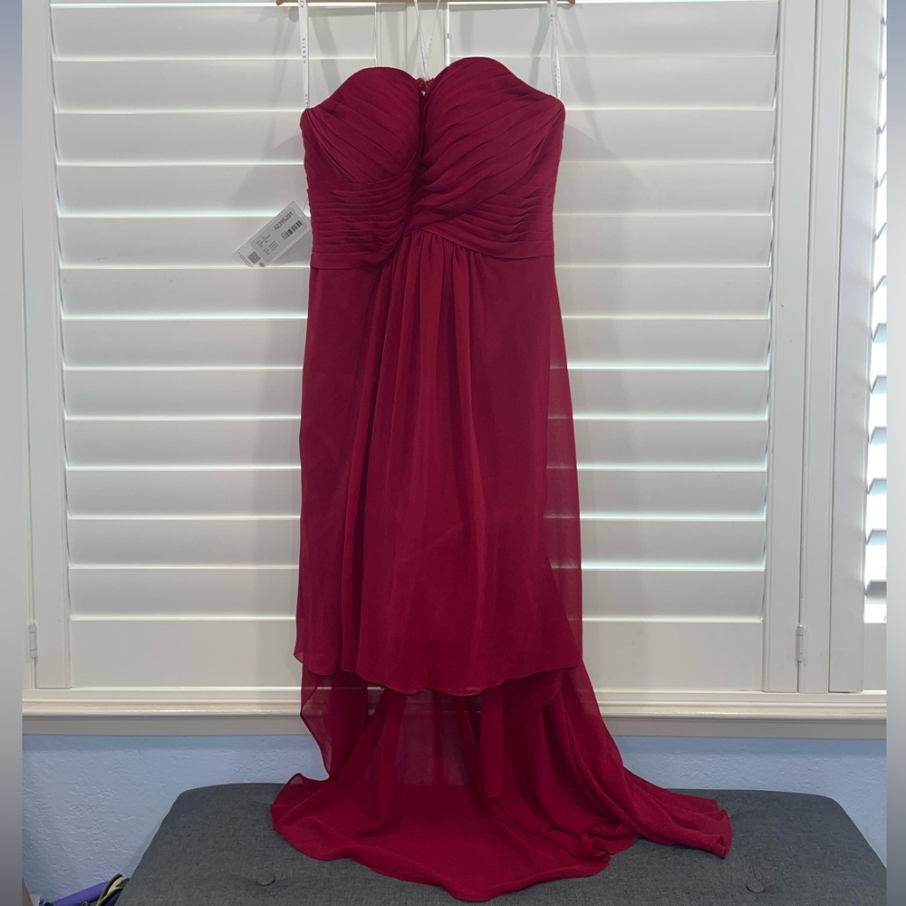 Burgundy Azazie Tori Bridesmaid Dress, hi-low style hem
